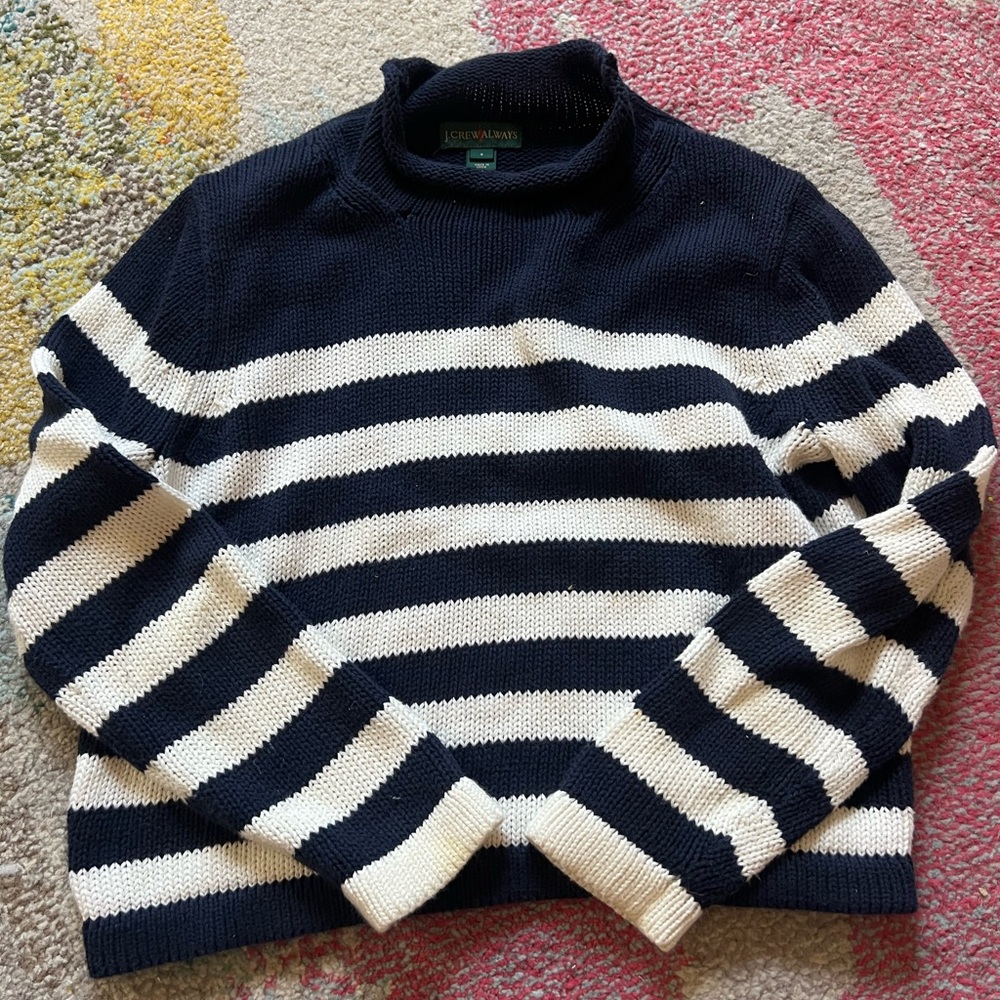 J. Crew Navy and Cream Striped Turtleneck Sweater
